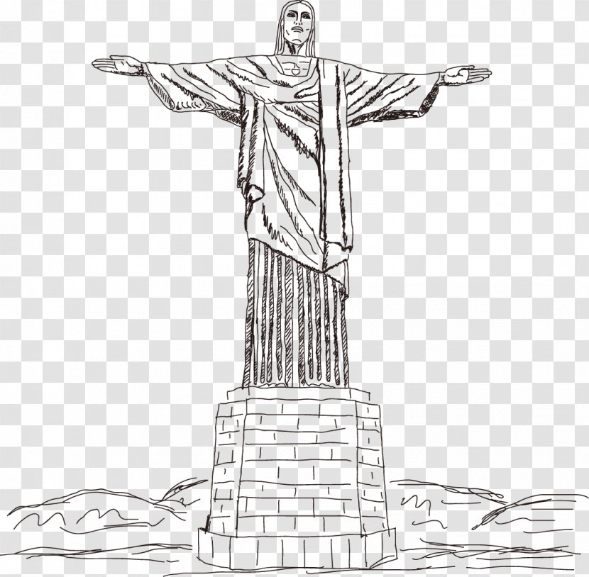 Christ The Redeemer Corcovado Illustration - Black And White - Brazil Vector Artwork Jesus Statue Transparent PNG