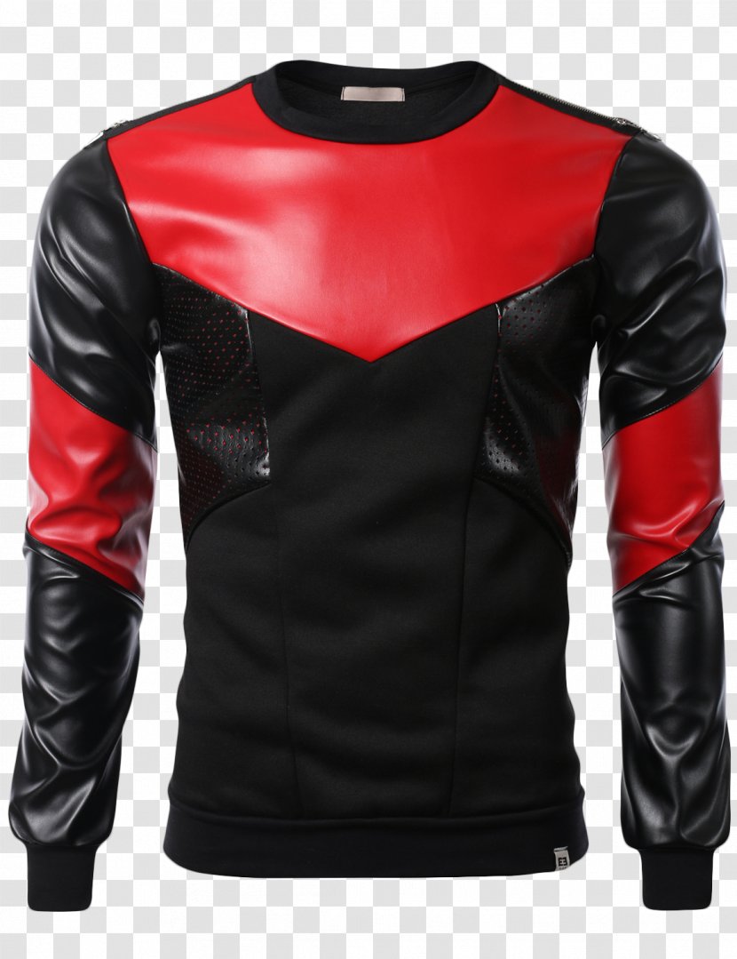 Leather Jacket T-shirt Hoodie Sleeve Zipper - Shirt - Red Transparent PNG