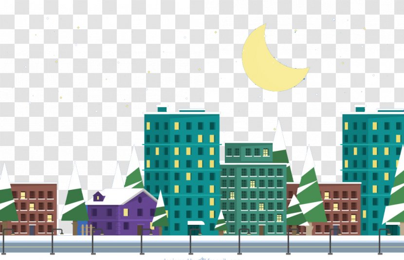 City Illustration - Apartment - Snowy Night In The Picture Material Transparent PNG