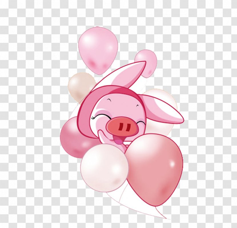 Domestic Pig Drawing - Party Supply - Pink Cartoon And Balloon Material Transparent PNG