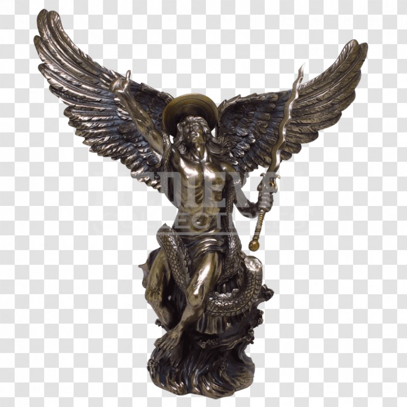 Saint Michael Fighting The Dragon Gabriel St. Vanquishing Satan Statue - Bronze Sculpture - Angel Transparent PNG