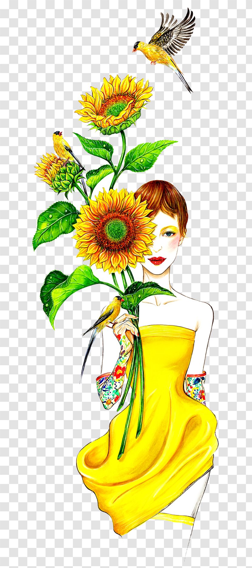 Fashion Illustration Drawing Illustrator - Flora - Sunflowers And Birds Transparent PNG