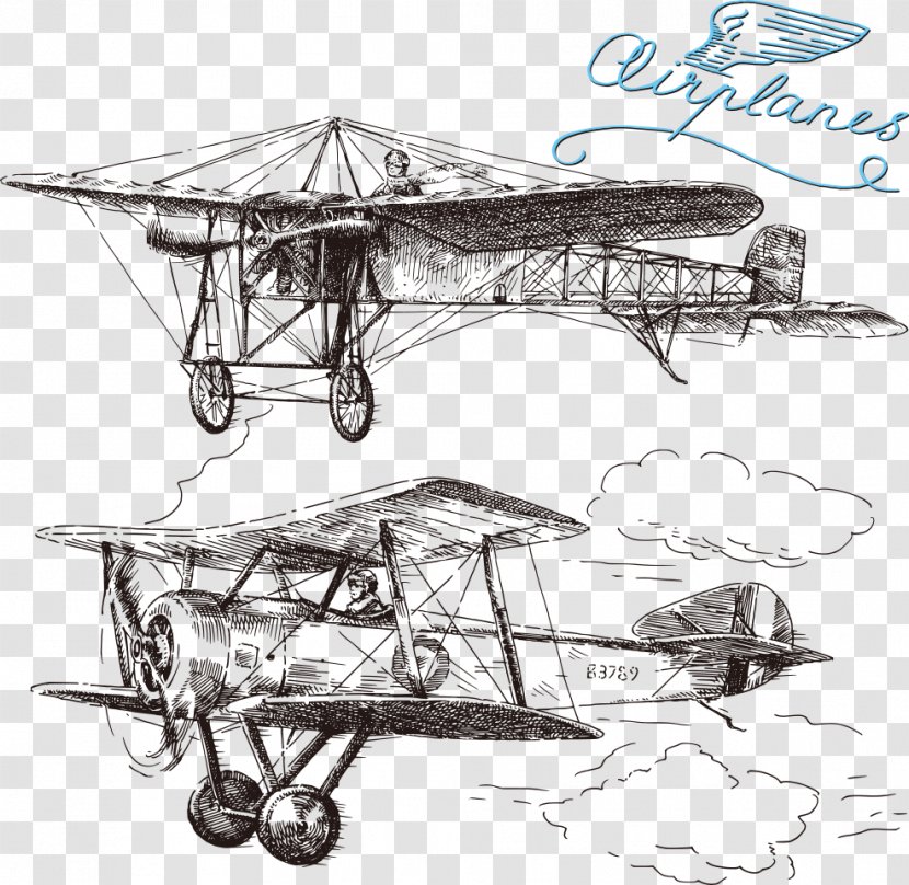 Airplane Drawing Royalty-free Illustration - Black And White - Hand-painted Aircraft Transparent PNG