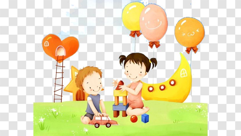 Cartoon - Balloon - Children Playing On The Grass Transparent PNG