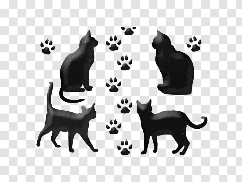 Black Cat Euclidean Vector Drawing - Mammal - Four Cartoons, Cats And Footprints Transparent PNG