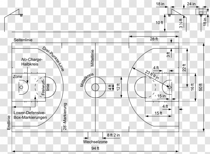 Basketball Court NBA FIBA World Cup Diagram - Technical Drawing - Nba Transparent PNG