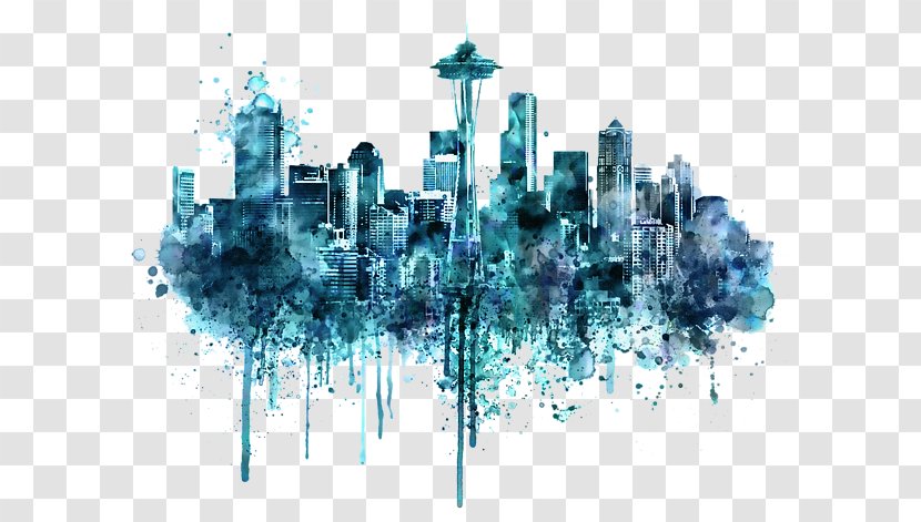 Seattle Watercolor Painting Skyline Drawing - Frame - Monochrome Transparent PNG