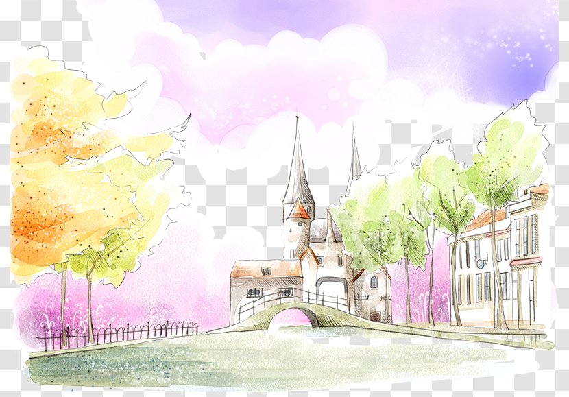 Watercolor Painting Fukei Architecture Landscape Illustration - Television - Castle Scenery Transparent PNG