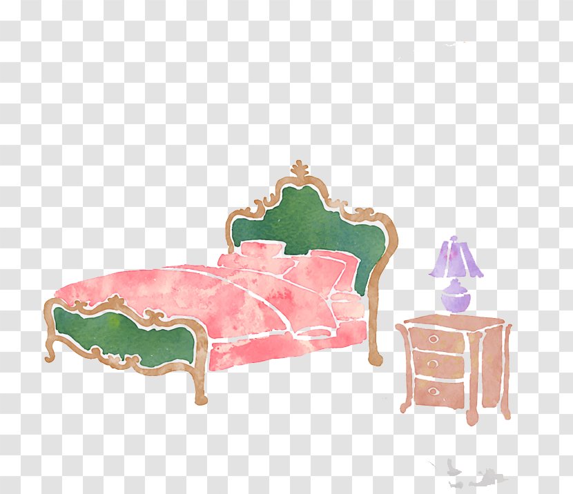 Watercolor Painting Drawing - Pink - Stained Water Bed And Nightstand Transparent PNG