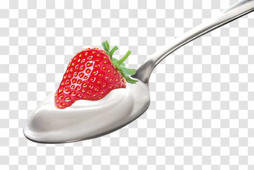 Strawberry Spoon Milk Yoghurt Cream - Strawberries - Yogurt Transparent PNG