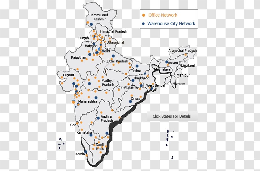 India Logistics Warehouse Map Service - Inventory - With Cities Transparent PNG