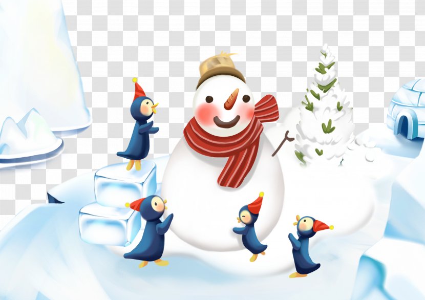 Christmas Snowman Illustration - Snow - Around Four Small Penguin Transparent PNG