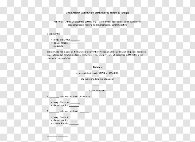 Document Dichiarazione Sostitutiva Di Certificazione Acte De Notoriété Akademický Certifikát Legal Instrument - Area - Panagrafica Transparent PNG