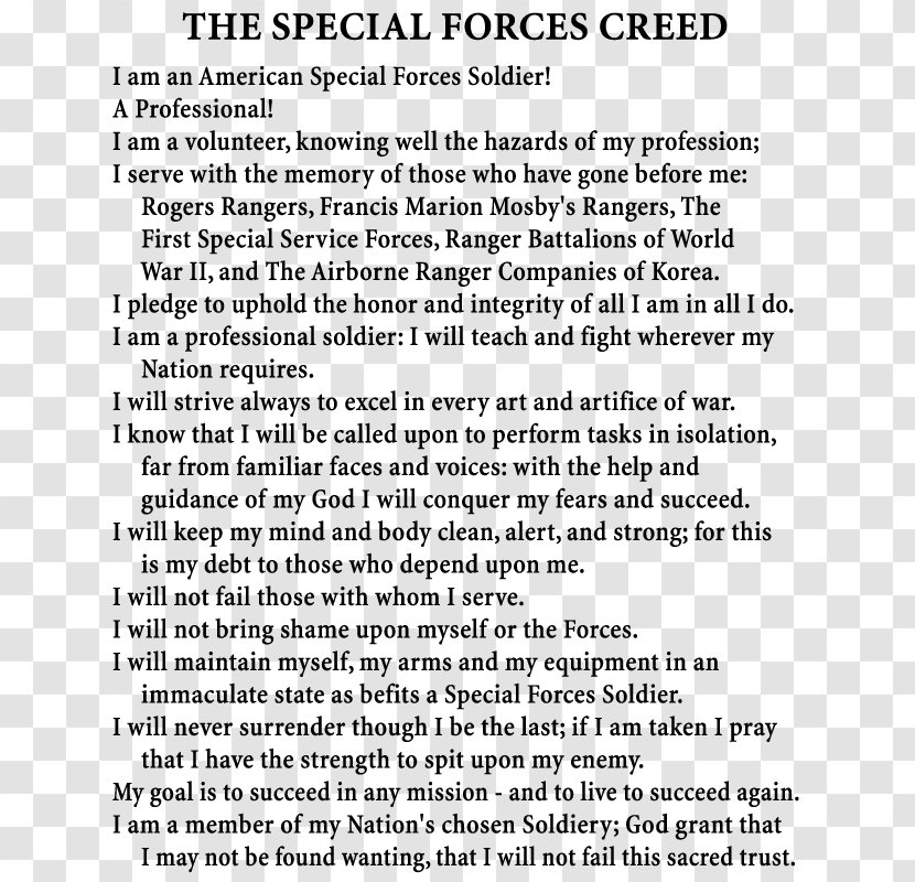 The Special Forces Emergency Service United States Army - Ranger Creed Transparent PNG