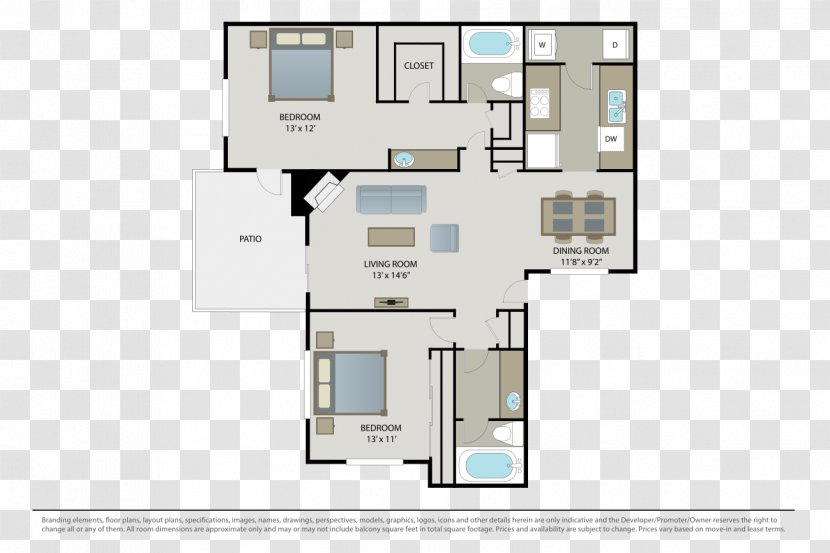 Floor Plan Bathroom Bedroom Apartment Kitchen - Cabinetry - Three Rooms And Two Transparent PNG