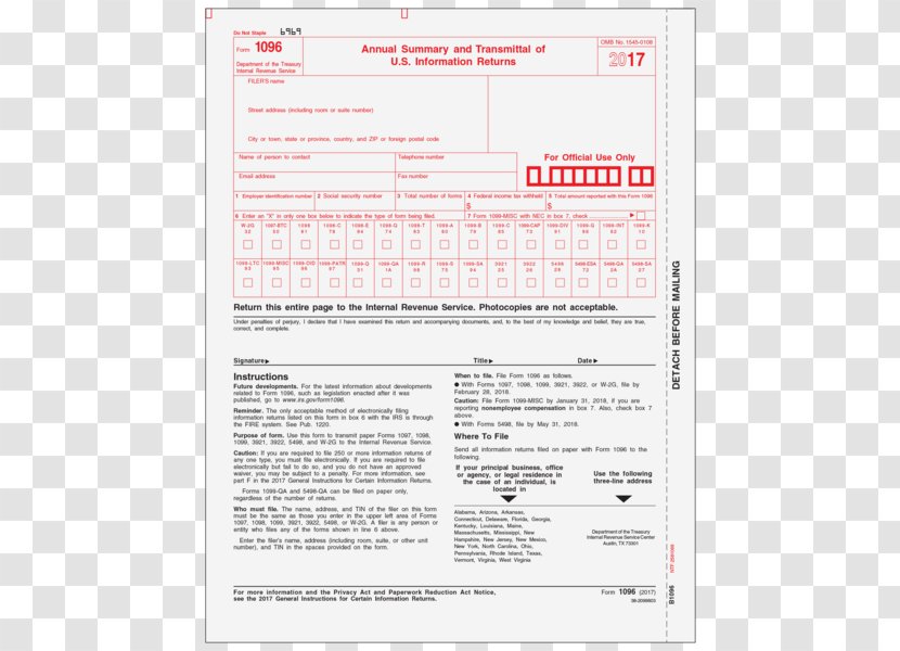 Form 1096 1099-MISC Internal Revenue Service - W2 Transparent PNG