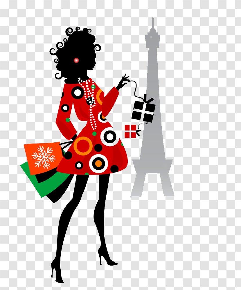 Eiffel Tower Cartoon Illustration - Heart - Silhouette Of A Woman With Curly Hair Transparent PNG