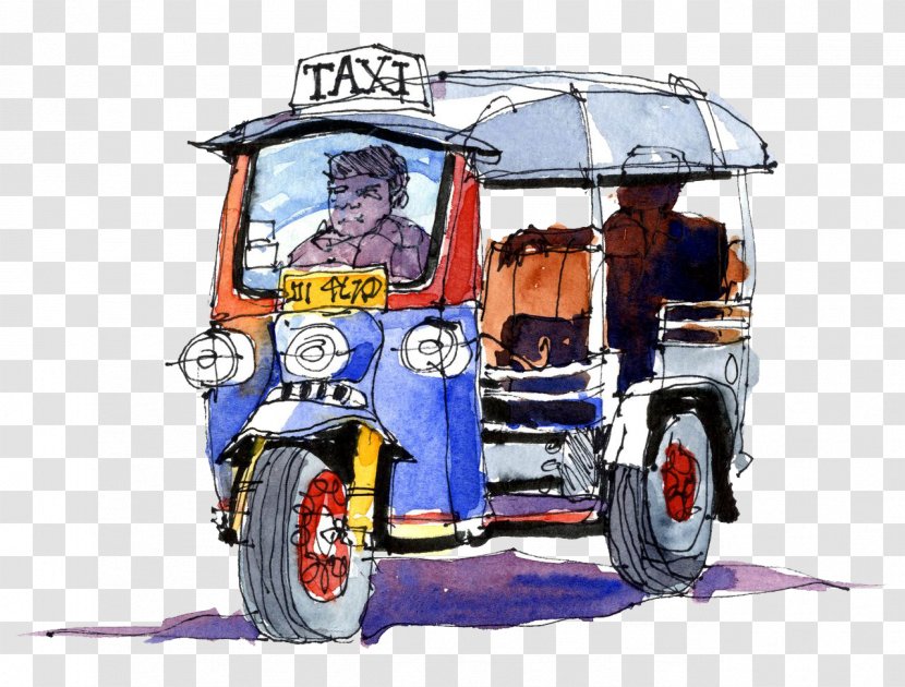 Rickshaw Watercolor Painting Drawing Fornies S.A. Sketch - Flickr - Taxi Pull Material Free Transparent PNG