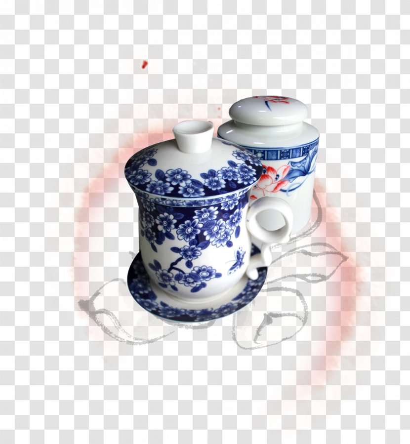 Blue And White Pottery Coffee Cup Teacup Teapot - Tea Set Transparent PNG