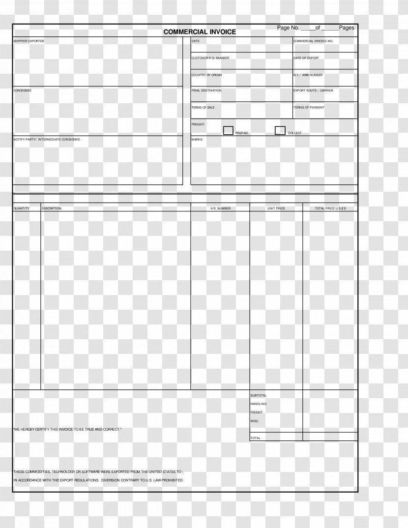 Document Commercial Invoice Template Form - Payment Transparent PNG