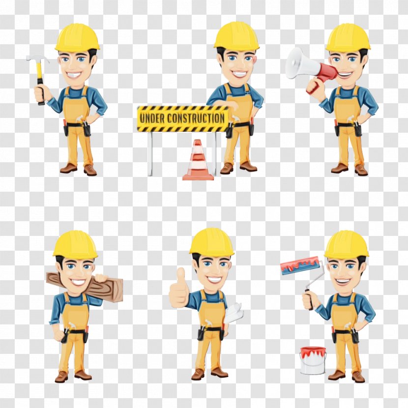 Cartoon Yellow Toy Construction Worker Line - Watercolor - Figurine Action Figure Transparent PNG