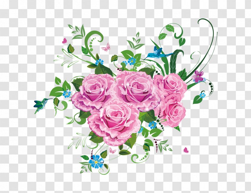 Flower Drawing - Rose - Beautiful Bouquet Of Delicate Flowers Leaves Transparent PNG