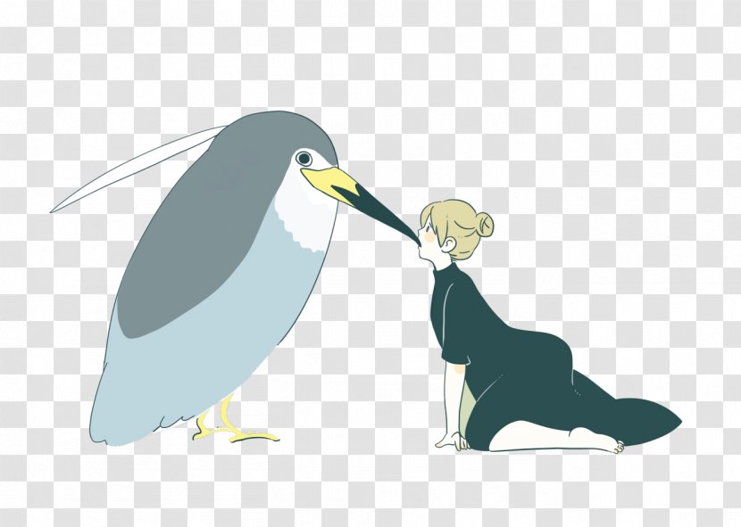 Bird Penguin Illustration - Flower - Girls Kissing Giant Bird's Beak Transparent PNG