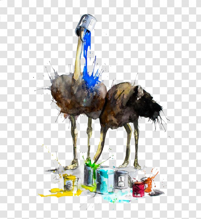 Watercolor Painting Artist Illustration - Architecture - Ostrich With Paint Material Picture Transparent PNG