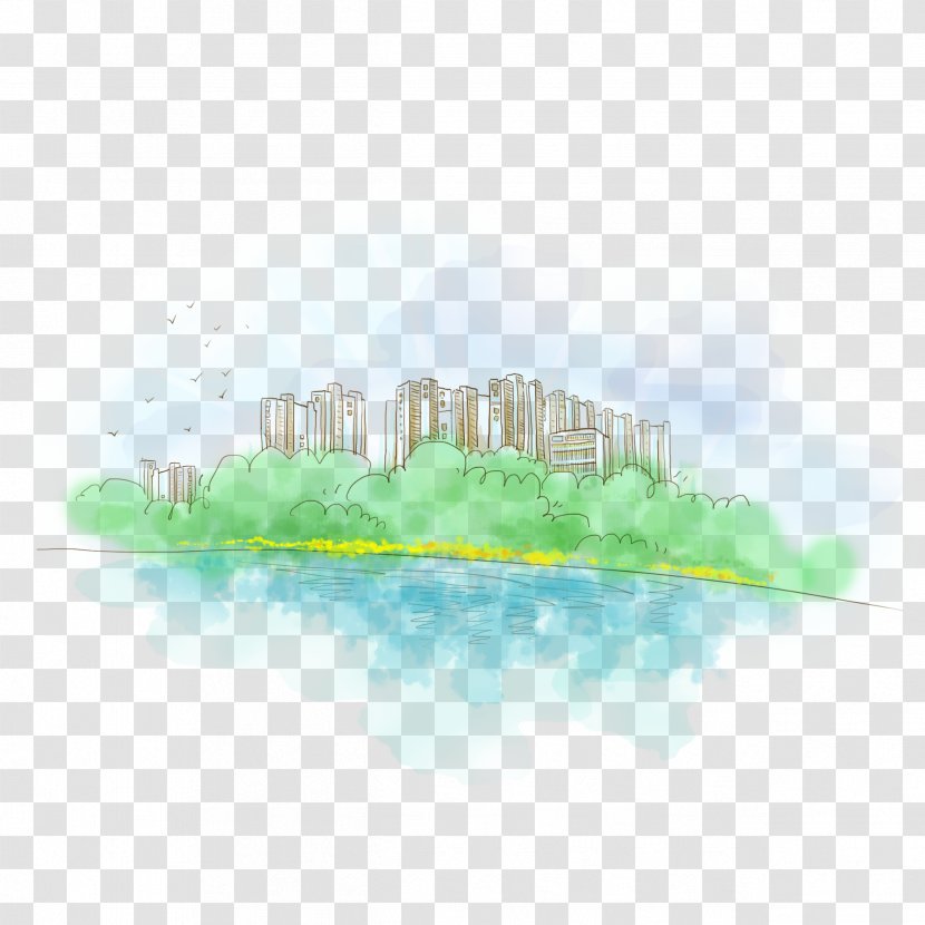 Euclidean Vector Painting - Grass - Hand Painted Watercolor Cityscape Transparent PNG