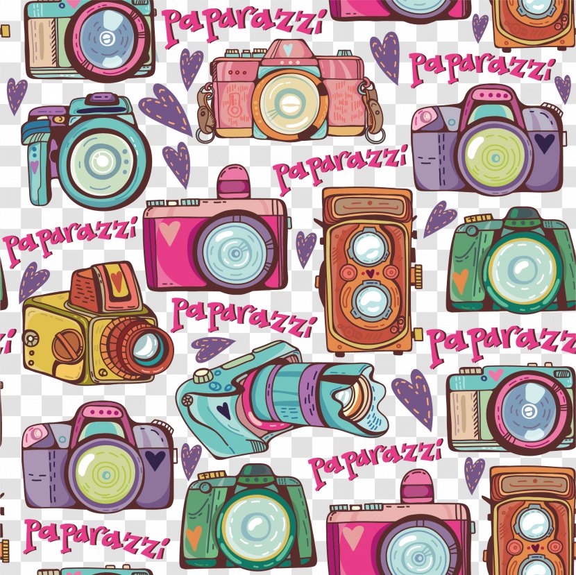 Camera Drawing Pattern - Retro Style - Cartoon Vector Transparent PNG