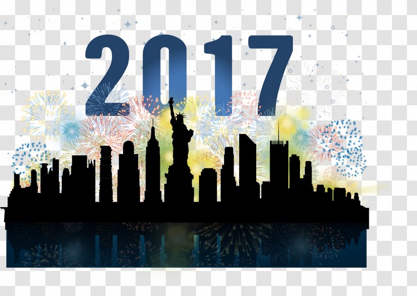 New York City Skyline Silhouette Watercolor Painting - Vector 2017 Fireworks Celebration Transparent PNG