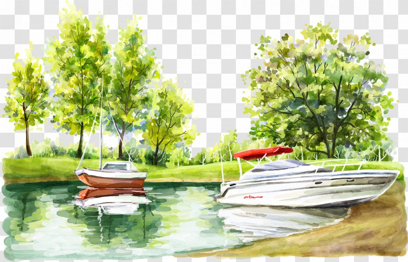 Cartoon Watercolor Painting Illustration - Animation - Creek Boat Transparent PNG