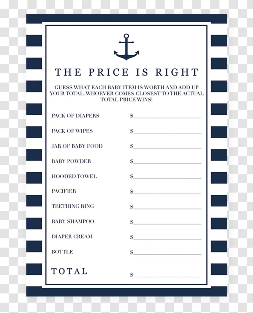 Is It The Right Price - Paper - Baby Shower Game18 Count Bridal GiftAhoy Boy Transparent PNG