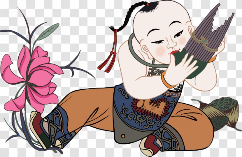 Budaya Tionghoa Cartoon - Silhouette - Baby Sitting Flute Transparent PNG