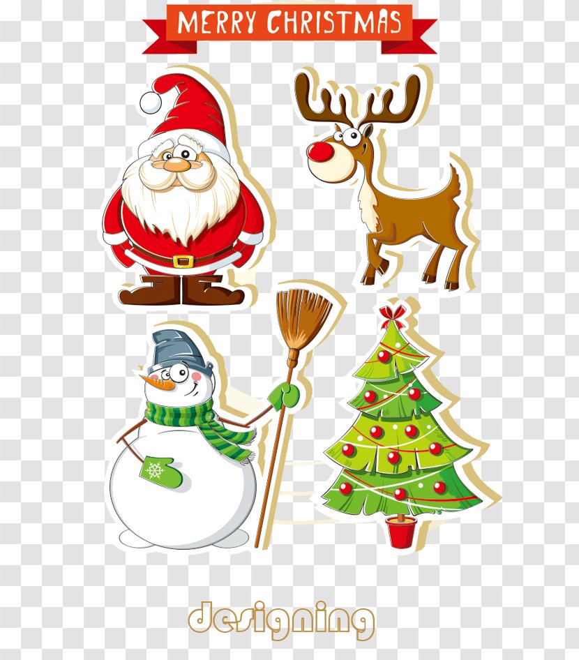 Santa Claus Christmas Sticker Snowman - Holiday Ornament - 4 Cartoon Stickers Transparent PNG