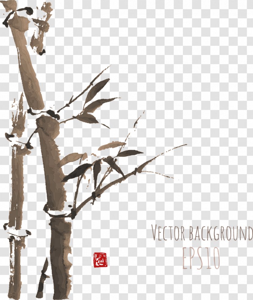 Japanese Painting Ink Wash - Branch - Brown Bamboo Transparent PNG