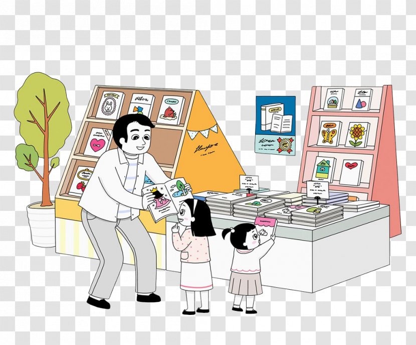 Cartoon Child Parent Book - Technology - Parents Take Their Children To Buy Books Transparent PNG
