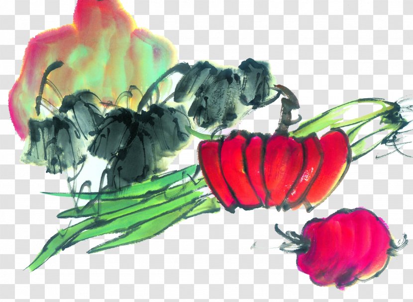Ink Wash Painting Chinese Gongbi Pumpkin Bird-and-flower - Vegetable - Ingredients Transparent PNG
