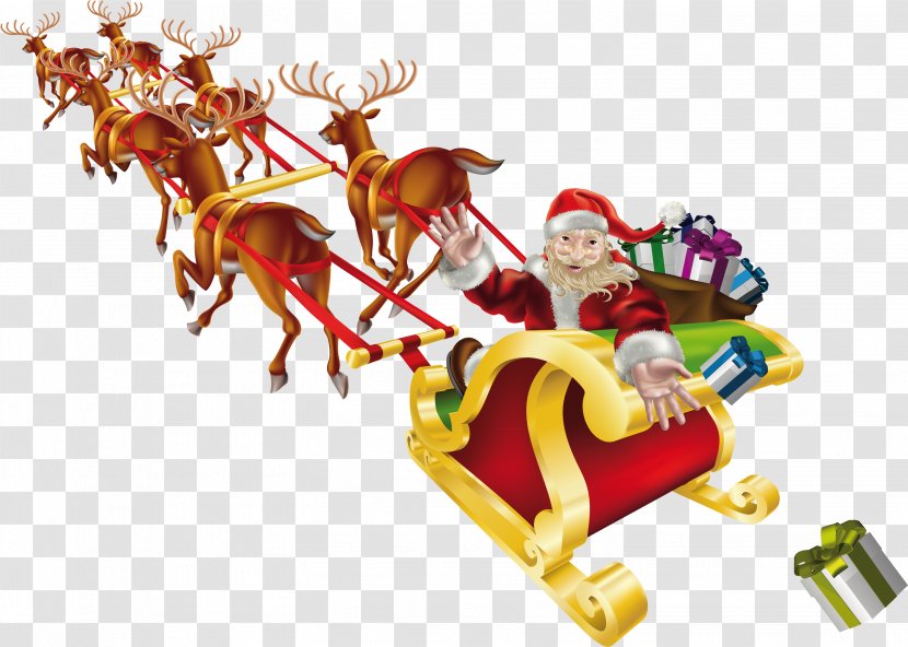 Santa Claus Reindeer Sled Clip Art - Royaltyfree - Sleigh Transparent PNG