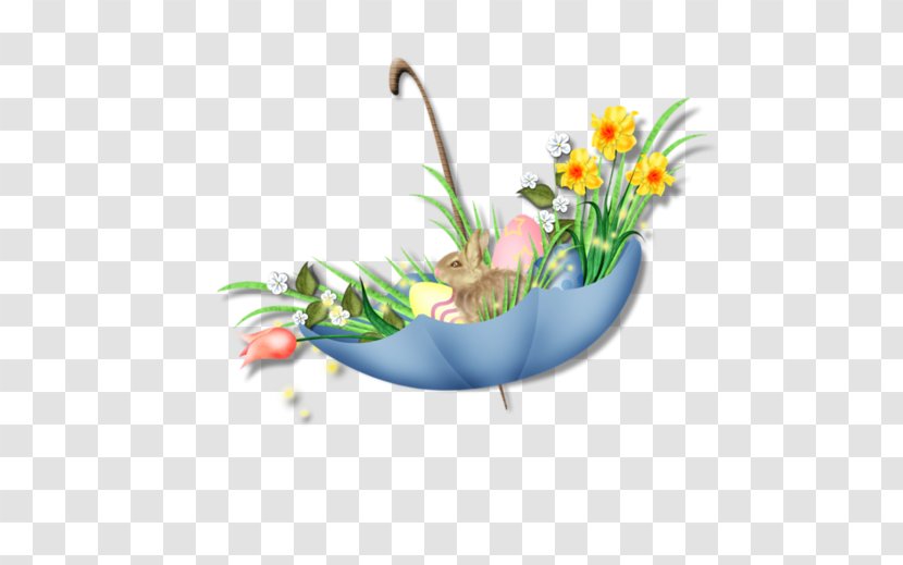 Floral Design - Green - Umbrella In The Flowers And Bunny Picture Transparent PNG