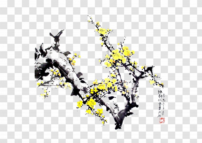 Ochna Integerrima Lunar New Year Ink Wash Painting - Plum Flower Transparent PNG