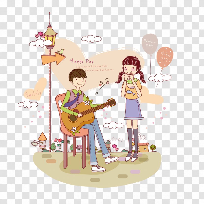 Guitar Cartoon Wall Decal Wallpaper - Tree - Boy Playing To His Girlfriend Transparent PNG