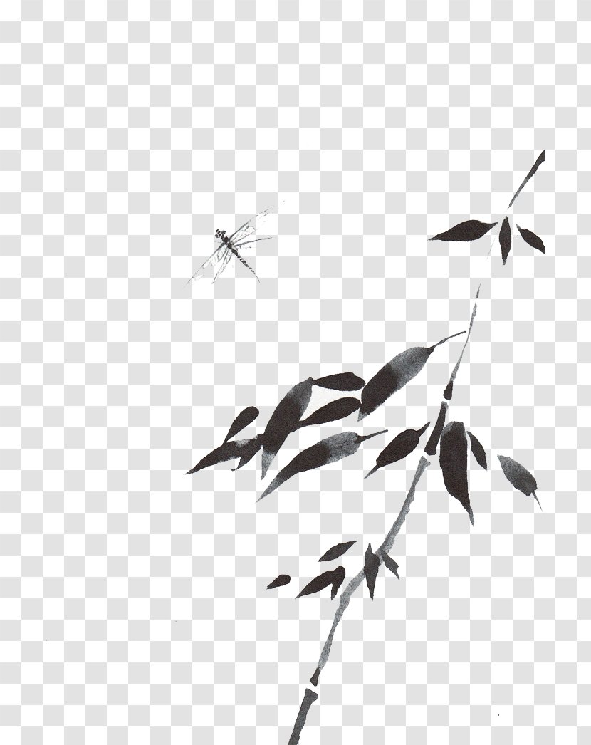 Bamboo Ink Wash Painting Chinoiserie - Monochrome - And Dragonfly Transparent PNG