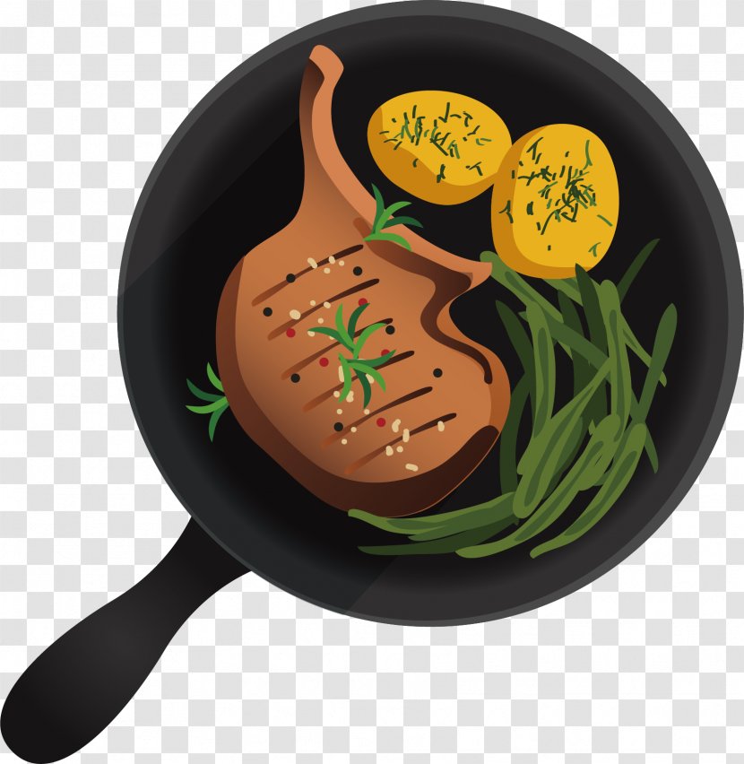 Beefsteak Frying Pan Flat Design Cartoon - Vegetable - Chicken Rice With Vector Chart Transparent PNG