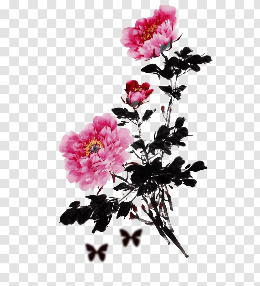 Moutan Peony Floral Design Clip Art - Ink Wash Painting Transparent PNG