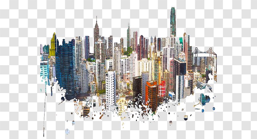 Hong Kong Skyline Watercolor Painting Poster Contemporary Art - Color City Building Transparent PNG