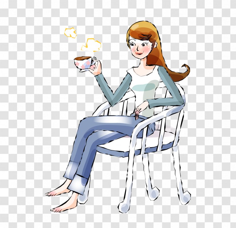 Coffee Chair Woman - Cartoon - Sitting In A On The Drinkers Transparent PNG