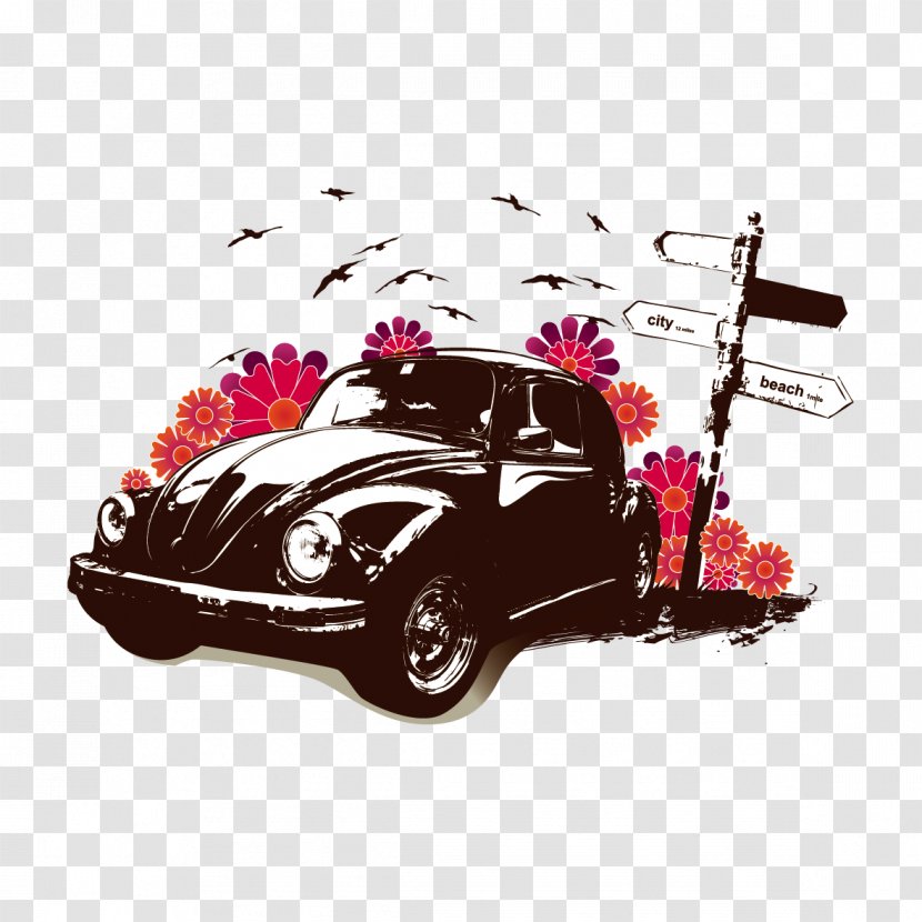 Volkswagen Beetle Car New Poster - Vehicle - Vector And Flowers Transparent PNG