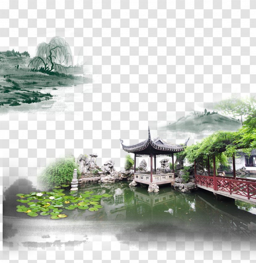 China Jiangnan Poster Ink Wash Painting - Wind Creative Background Green Water Mansion Transparent PNG