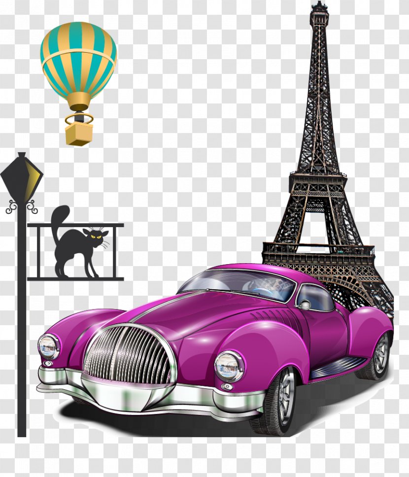 Eiffel Tower Leaning Of Pisa - Paris Purple Retro Car Transparent PNG